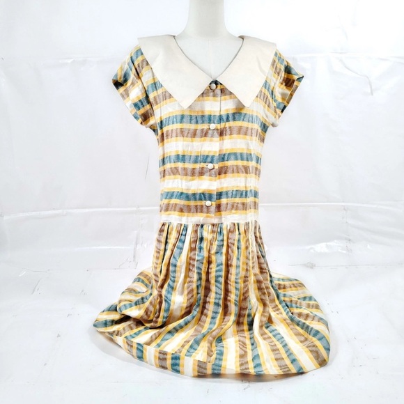 Vintage Christian Dior Charming linen striped dress featuring a Peter Pan  collar